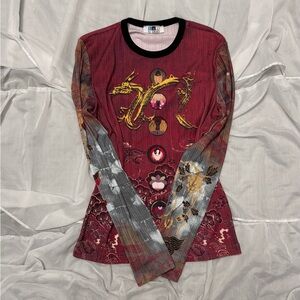 Lui by Amour Vintage Ribbed Japanese Asian Print Long Sleeve Top